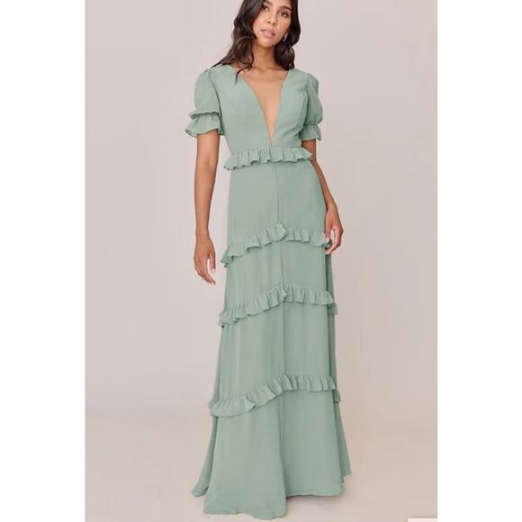 Revelry Harley Chiffon Tiered Maxi Dress 4 Sage Green Ruffle Wedding Guest - Picture 1 of 14